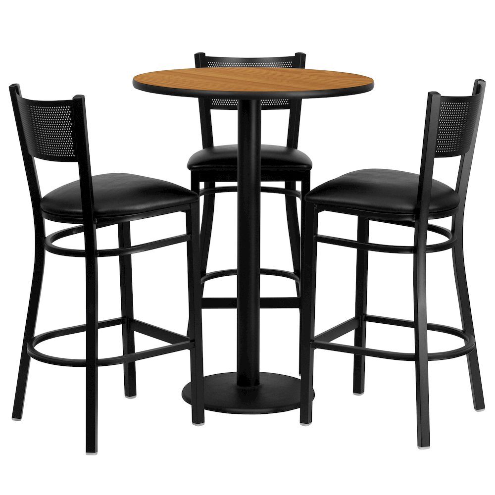 30” Round Natural Table Set with 3 Grid Back Metal Barstools – Black Vinyl Seat