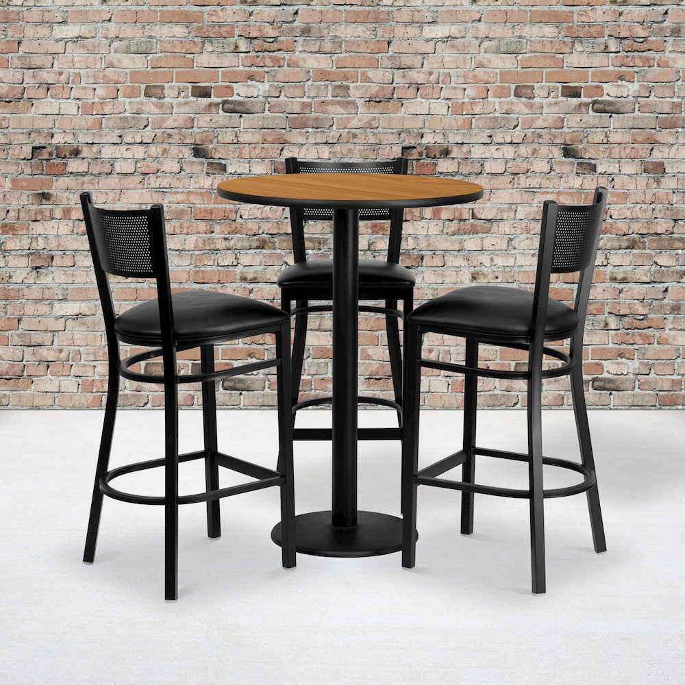 30” Round Natural Table Set with 3 Grid Back Metal Barstools – Black Vinyl Seat