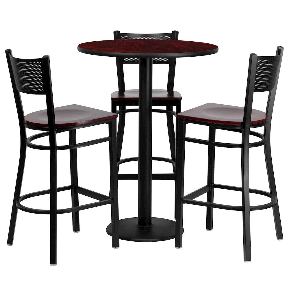 30” Mahogany Table Set with 3 Grid Back Metal Barstools – Mahogany Wood Seat