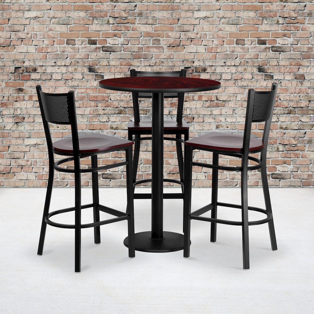 30” Mahogany Table Set with 3 Grid Back Metal Barstools – Mahogany Wood Seat