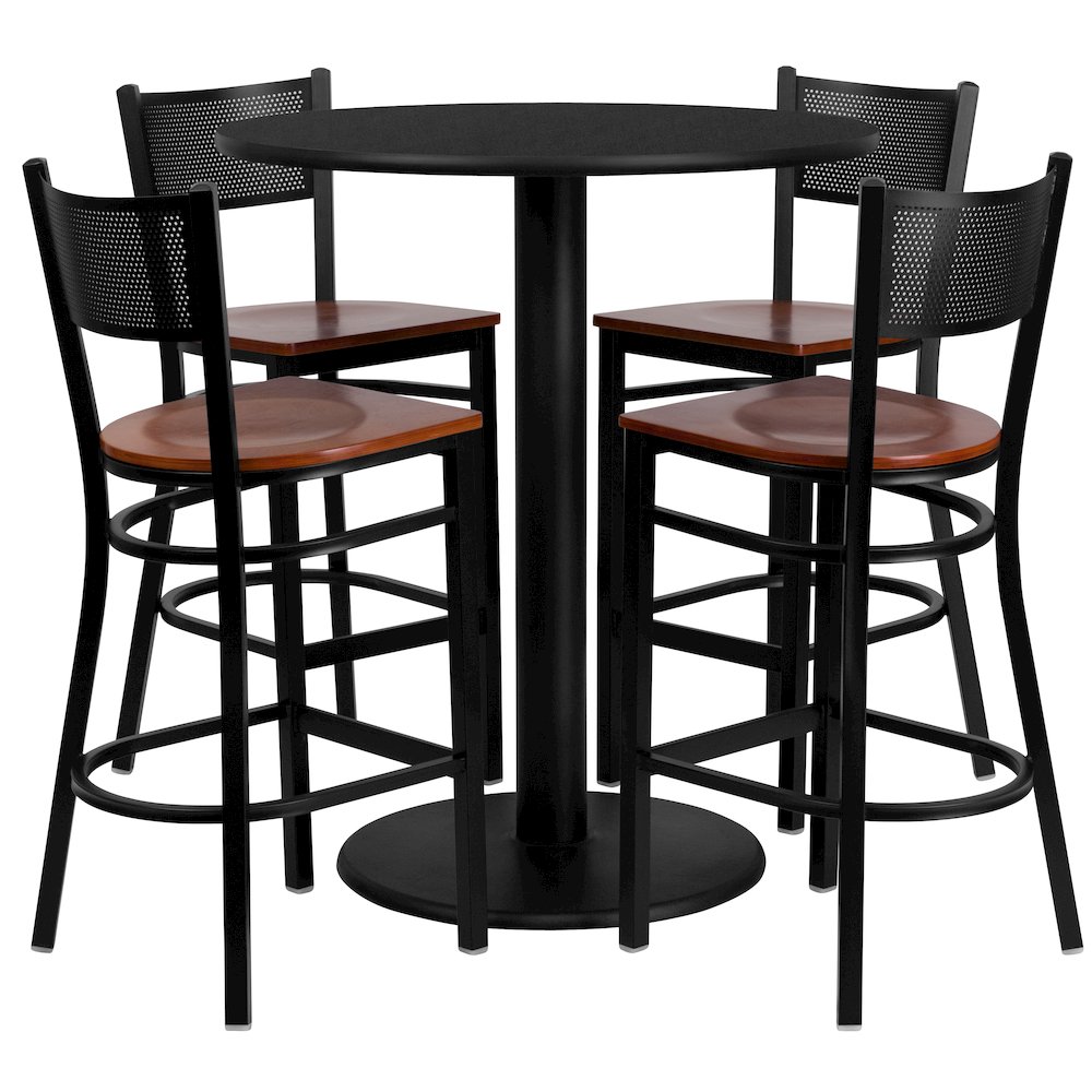 36” Round Black Table Set with 4 Grid Back Metal Barstools – Cherry Wood Seat