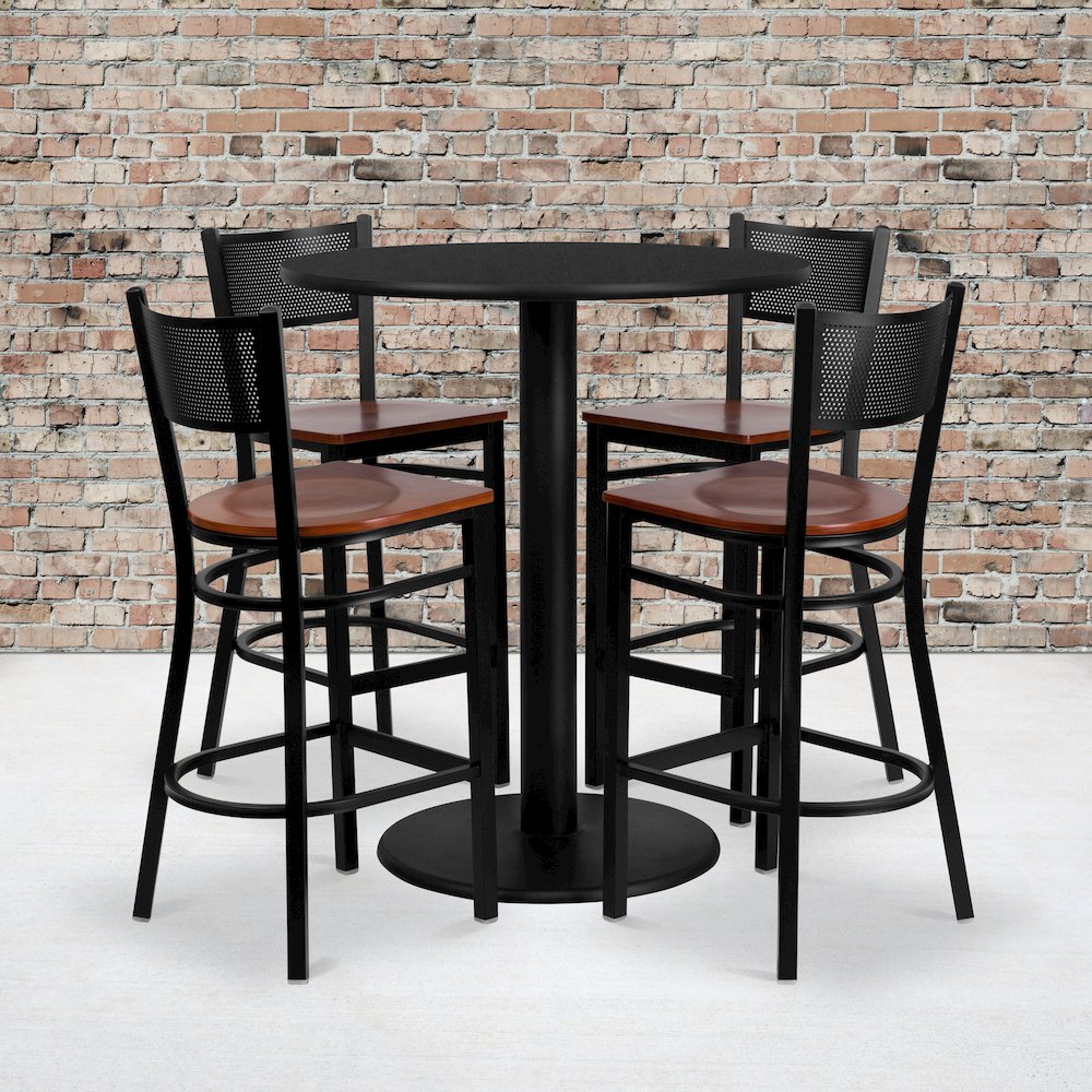 36” Round Black Table Set with 4 Grid Back Metal Barstools – Cherry Wood Seat