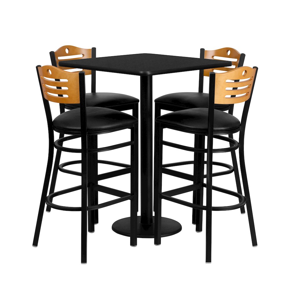 30” Black Table Set with 4 Wood Slat Back Metal Barstools – Black Vinyl Seat