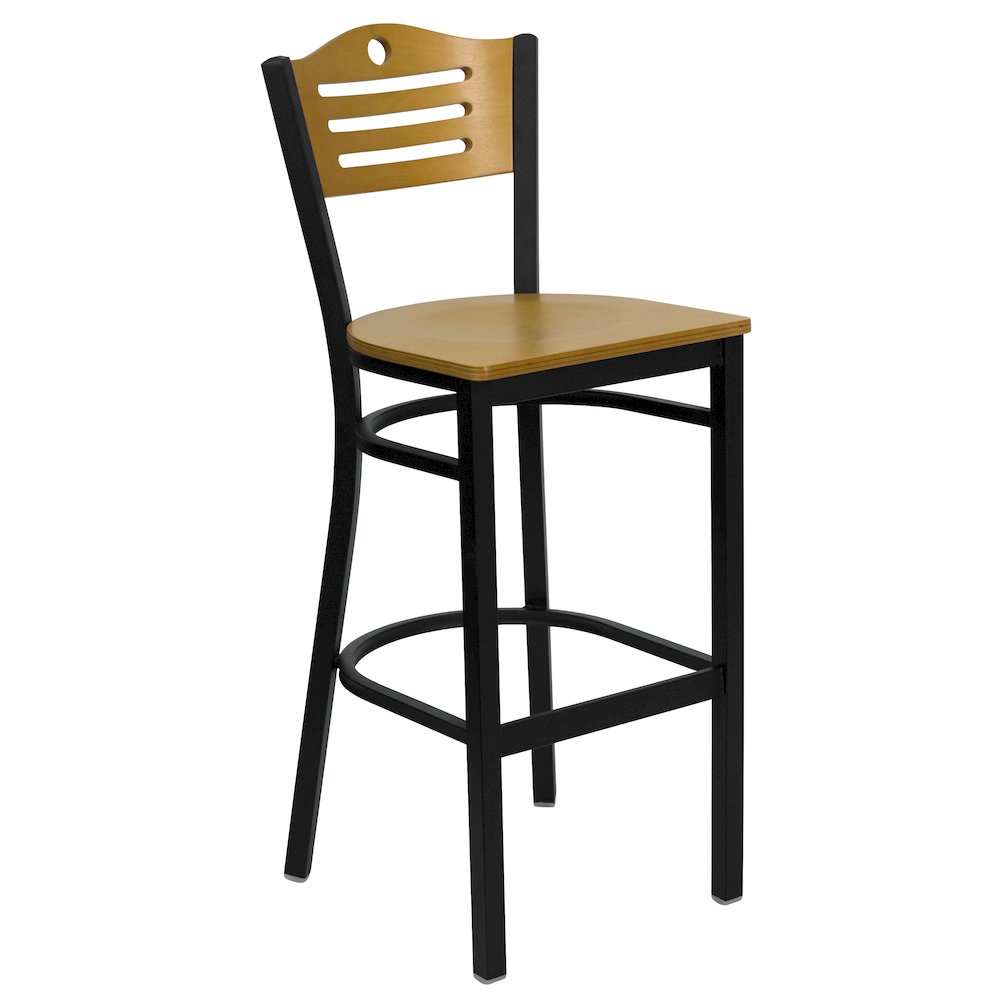 30” Black Table Set with 4 Wood Slat Back Metal Barstools – Black Vinyl Seat