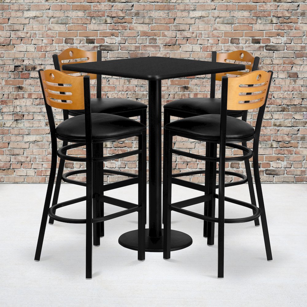 30” Black Table Set with 4 Wood Slat Back Metal Barstools – Black Vinyl Seat