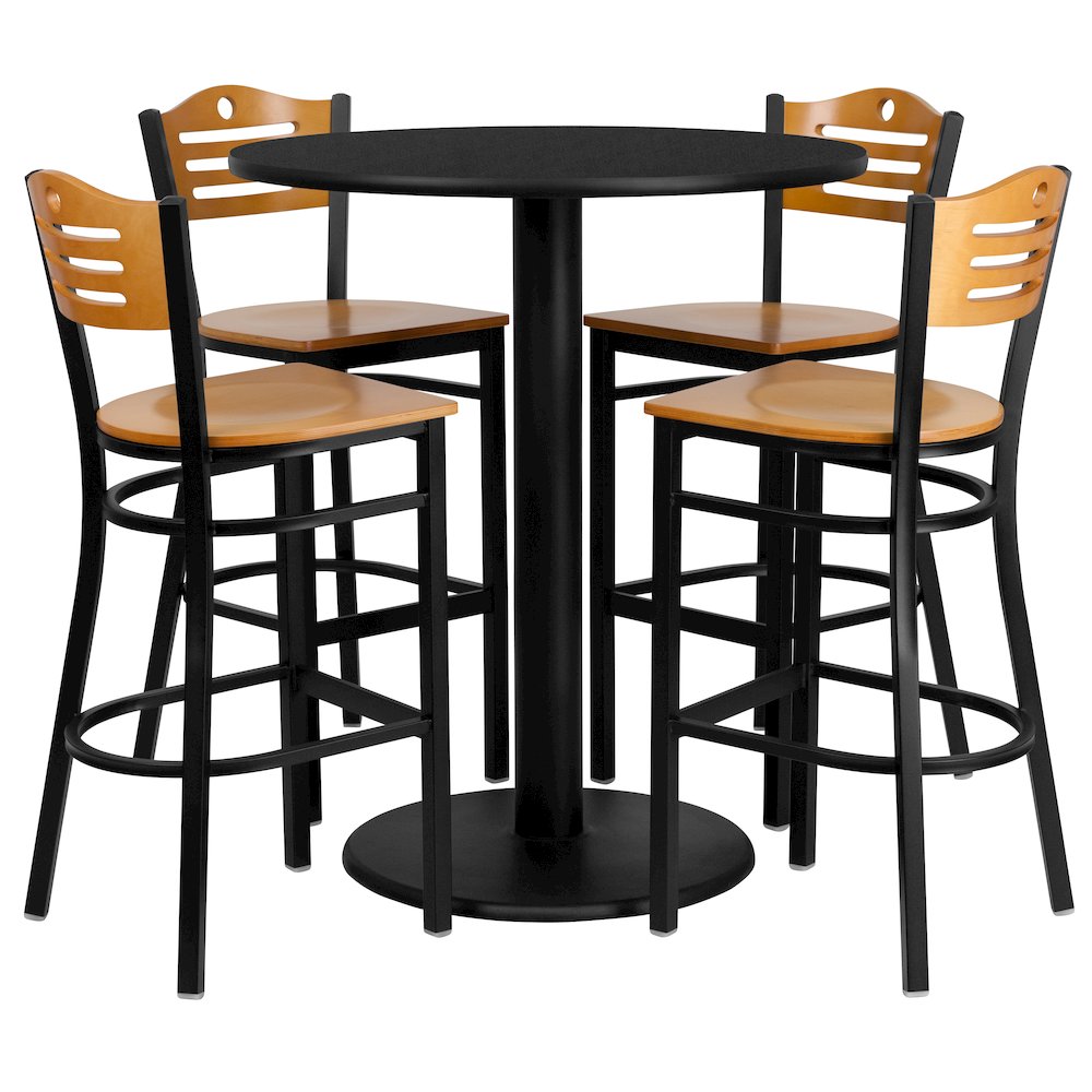 36” Black Table Set with 4 Wood Slat Back Metal Barstools – Natural Wood Seat