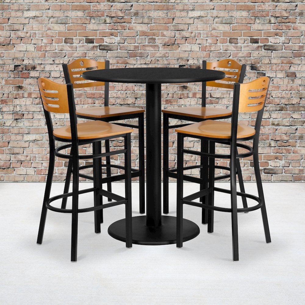 36” Black Table Set with 4 Wood Slat Back Metal Barstools – Natural Wood Seat