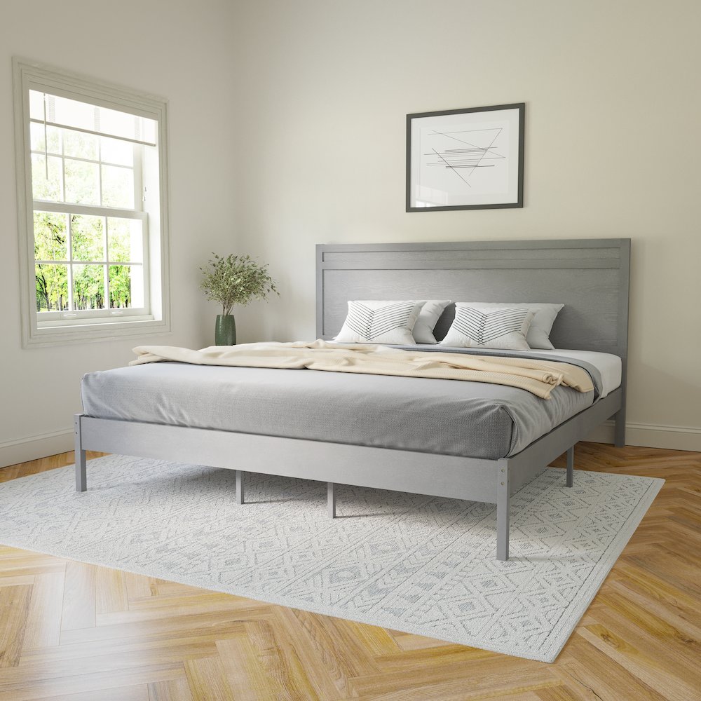 Modern King Size Wooden Platform Bed with Headboard