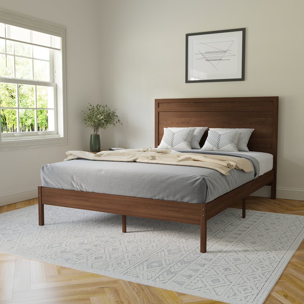 Modern Queen Size Wooden Platform Bed with Headboard