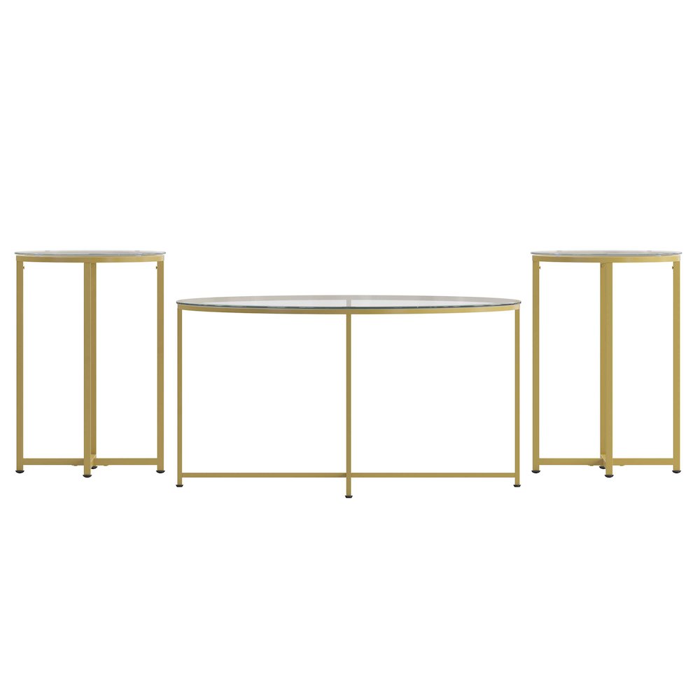 Coffee and End Table Set – Clear Glass Top with Brushed Gold Frame – 3 Piece
