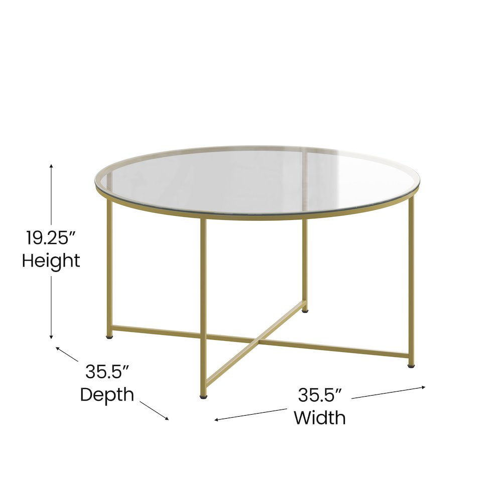 Coffee and End Table Set – Clear Glass Top with Brushed Gold Frame – 3 Piece