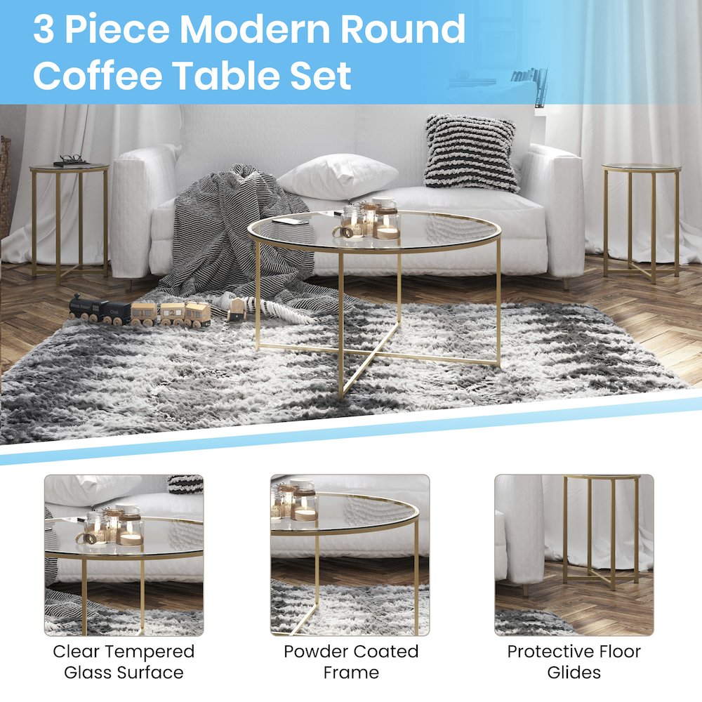 Coffee and End Table Set – Clear Glass Top with Brushed Gold Frame – 3 Piece