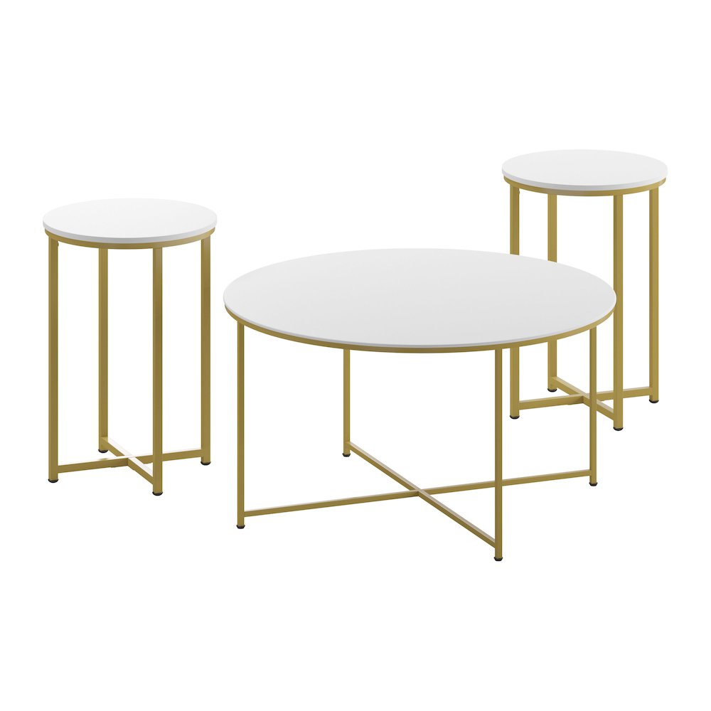 Coffee and End Table Set – White Top with Brushed Gold Crisscross Frame