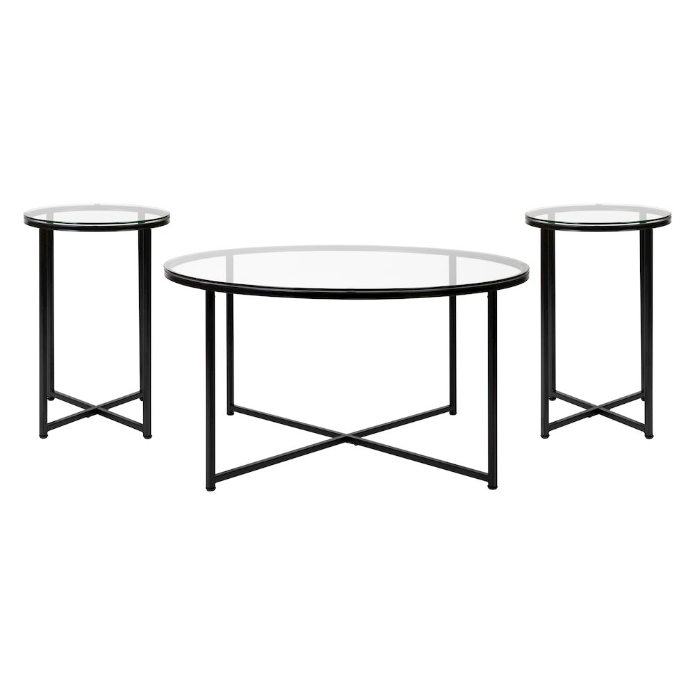 Coffee and End Table Set – Clear Glass Top with Matte Black Frame – 3 Piece
