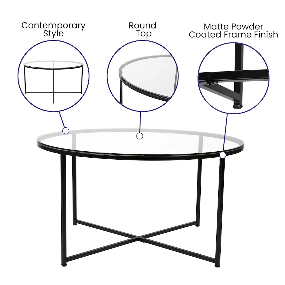 Coffee and End Table Set – Clear Glass Top with Matte Black Frame – 3 Piece