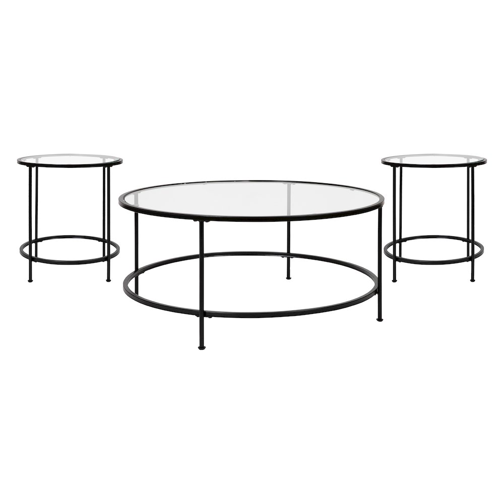 Coffee and End Table Set – Clear Glass Top with Matte Black Frame – 3 Piece