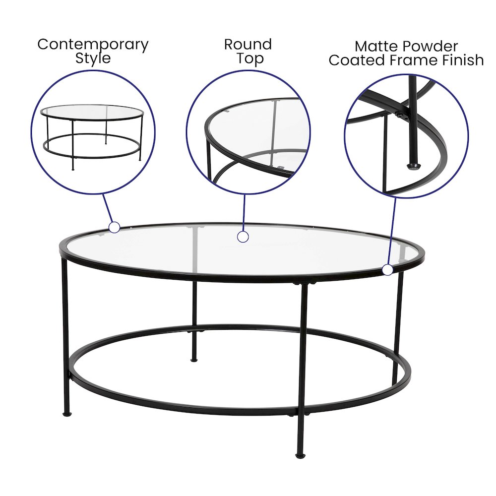 Coffee and End Table Set – Clear Glass Top with Matte Black Frame – 3 Piece