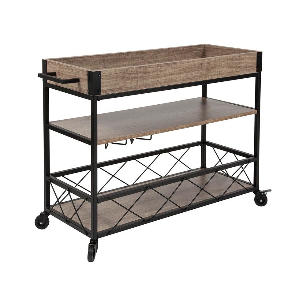 Distressed Light Oak Wood and Iron Kitchen Serving and Bar Cart