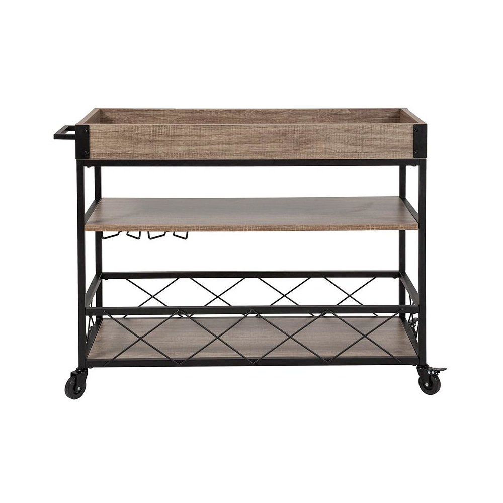 Distressed Light Oak Wood and Iron Kitchen Serving and Bar Cart