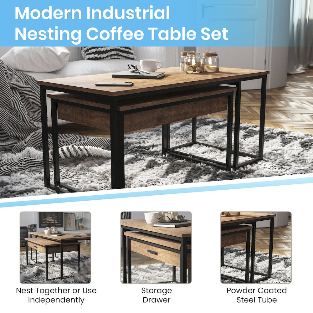 2 Piece Nesting Coffee Table Set with Storage Drawer
