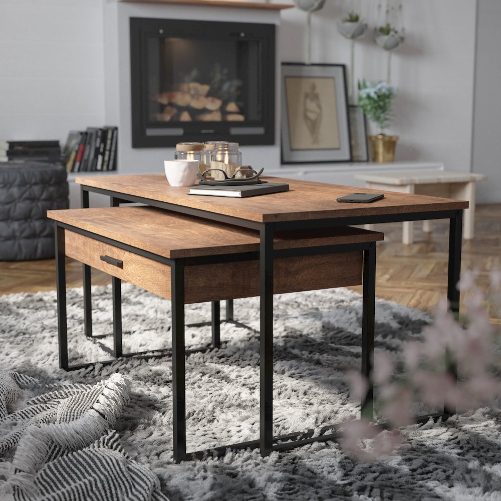 2 Piece Nesting Coffee Table Set with Storage Drawer