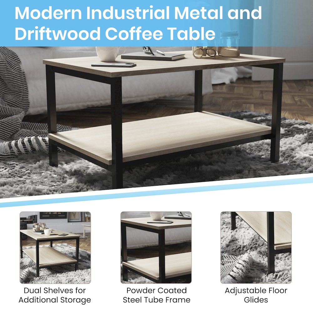 Modern Industrial 2 Tier Rectangular Metal and Driftwood Coffee Table