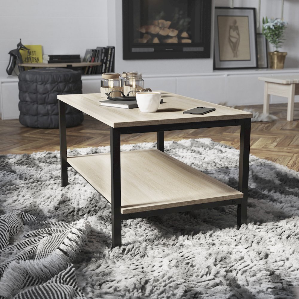 Modern Industrial 2 Tier Rectangular Metal and Driftwood Coffee Table