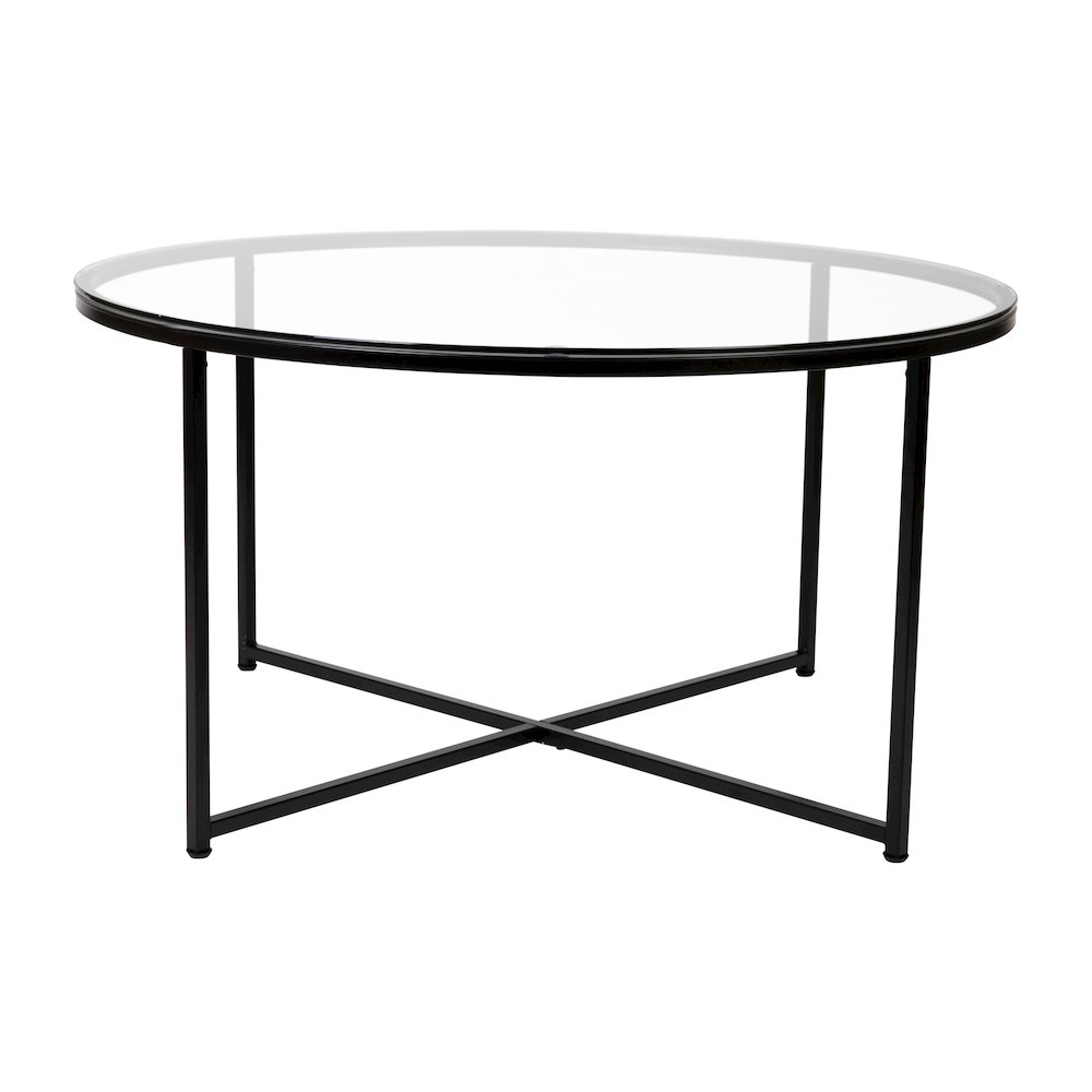 Coffee Table – Modern Clear Glass Accent Table with Crisscross Matte Black Frame