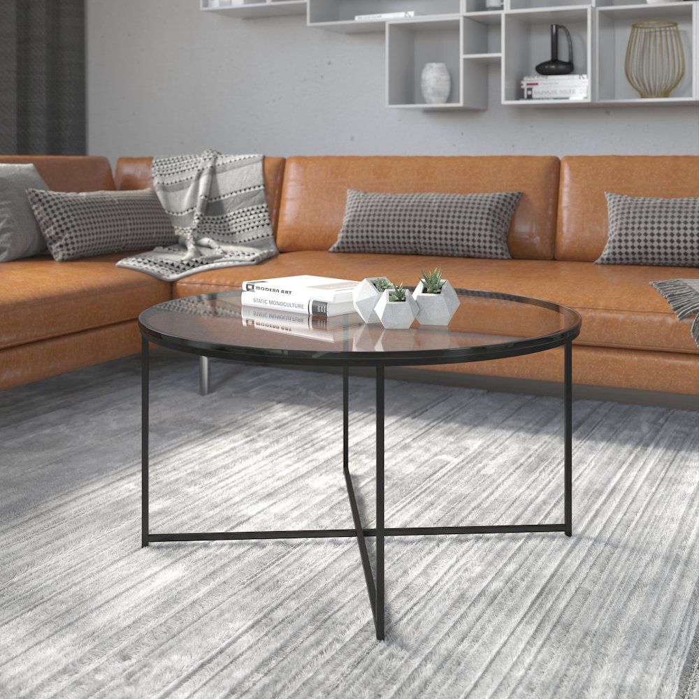 Coffee Table – Modern Clear Glass Accent Table with Crisscross Matte Black Frame
