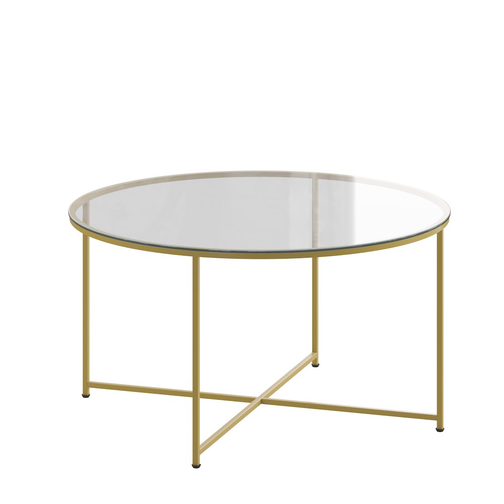 Coffee Table – Clear Glass Accent Table with Crisscross Brushed Gold Frame
