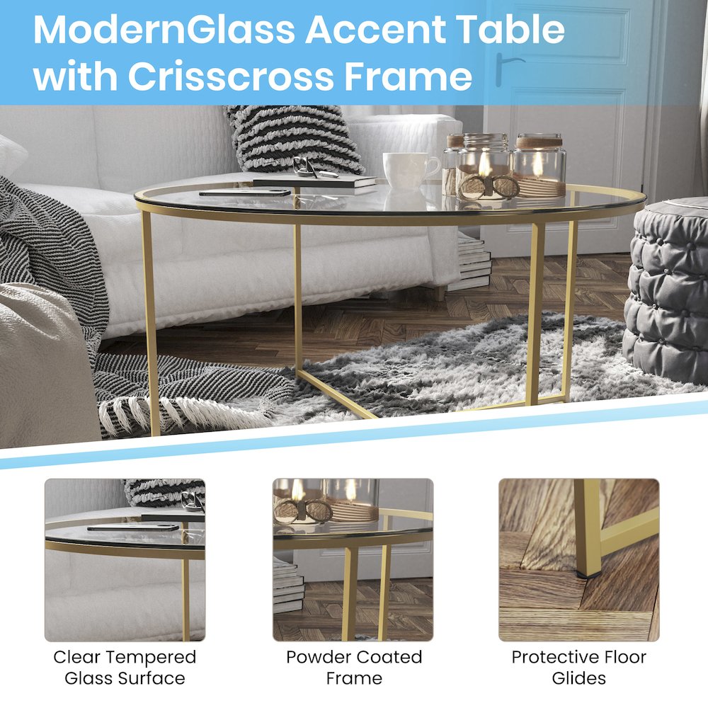 Coffee Table – Clear Glass Accent Table with Crisscross Brushed Gold Frame