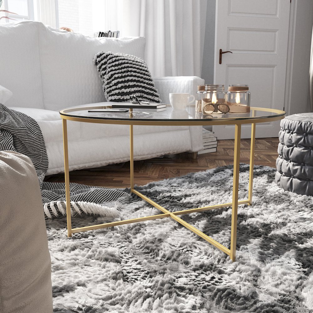 Coffee Table – Clear Glass Accent Table with Crisscross Brushed Gold Frame