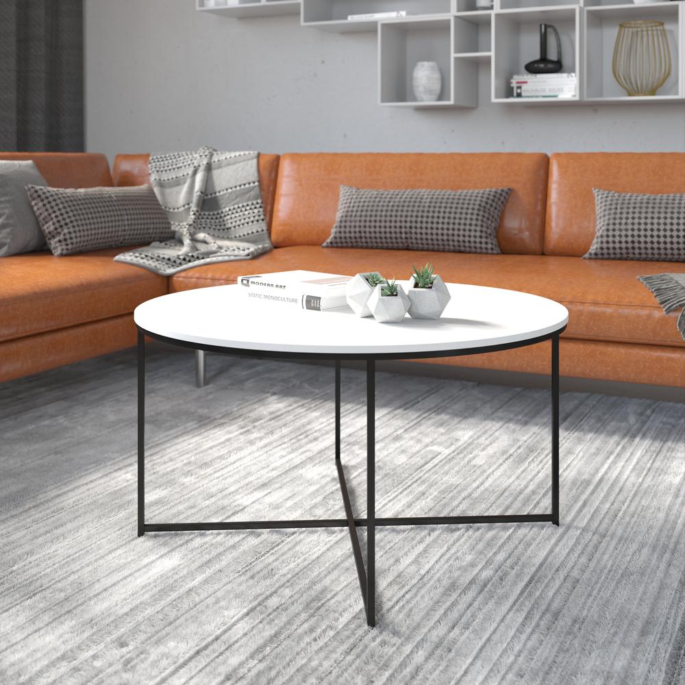 Coffee Table – White Finish Accent Table with Crisscross Matte Black Frame