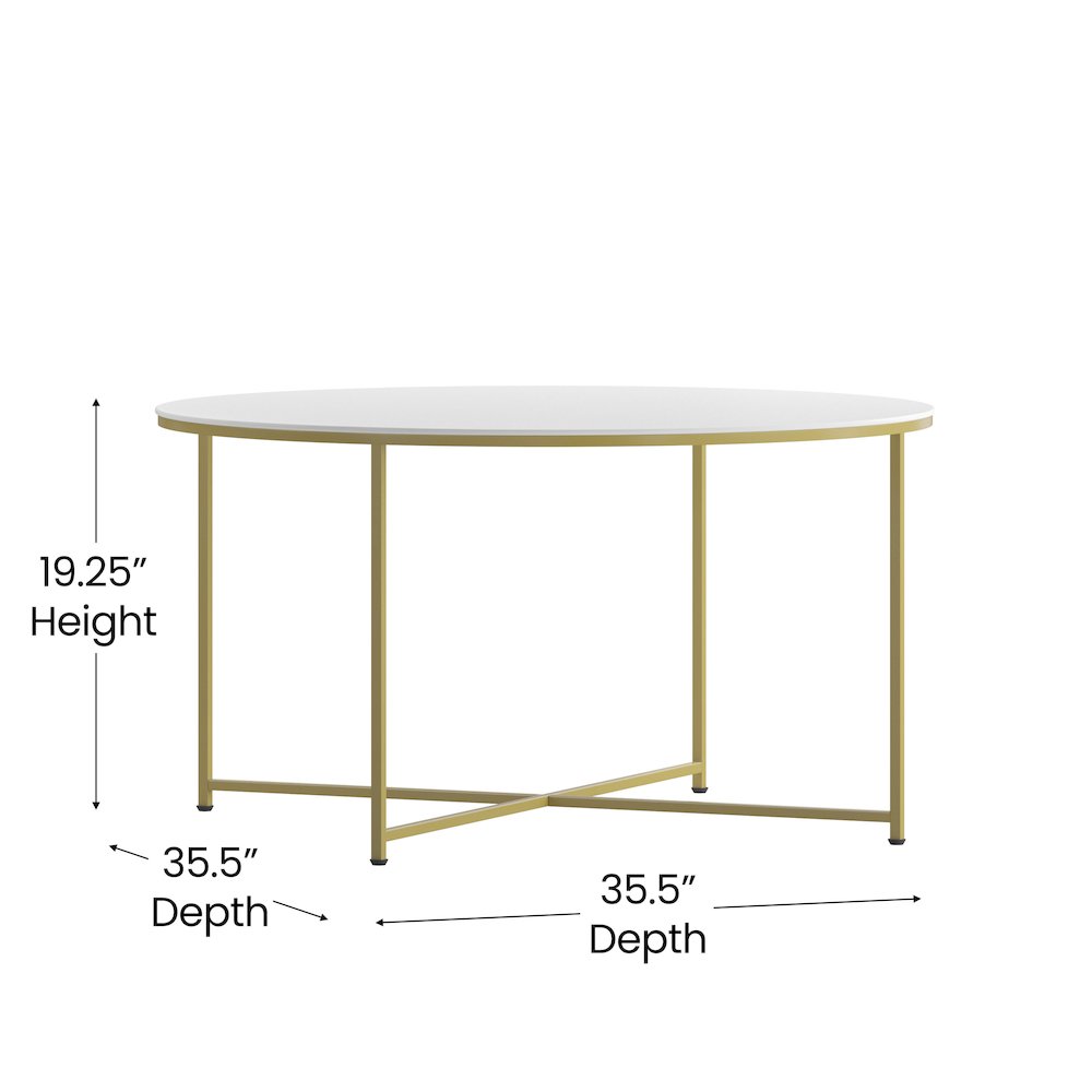 Coffee Table – White Finish Accent Table with Crisscross Brushed Gold Frame