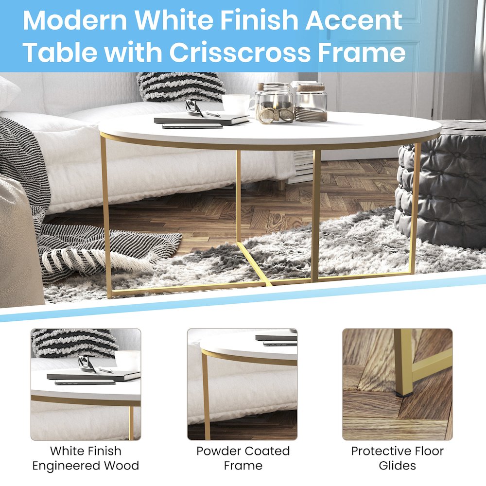 Coffee Table – White Finish Accent Table with Crisscross Brushed Gold Frame