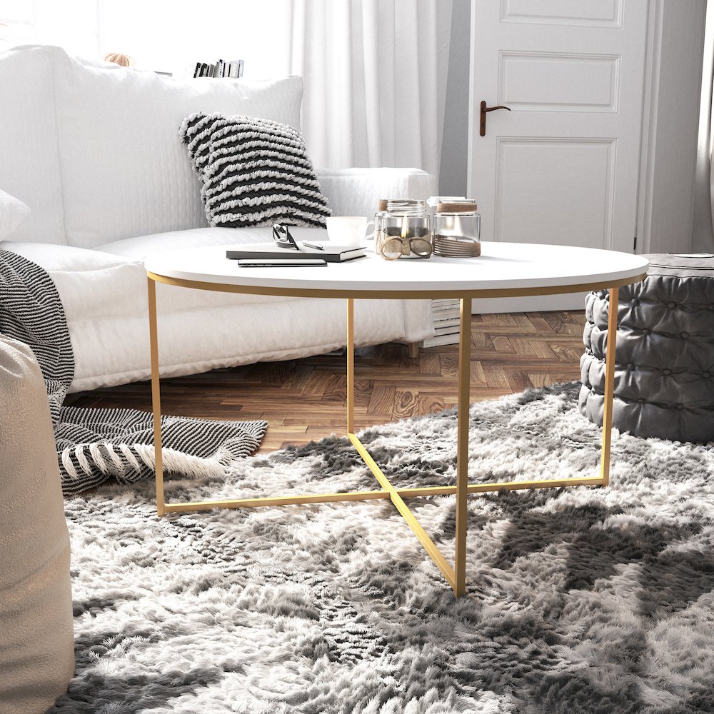 Coffee Table – White Finish Accent Table with Crisscross Brushed Gold Frame