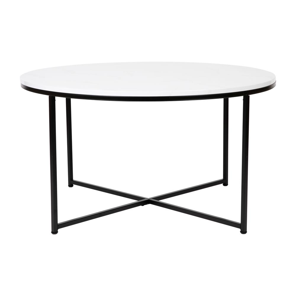 Coffee Table – White Marble Finish Accent Table with Matte Black Frame