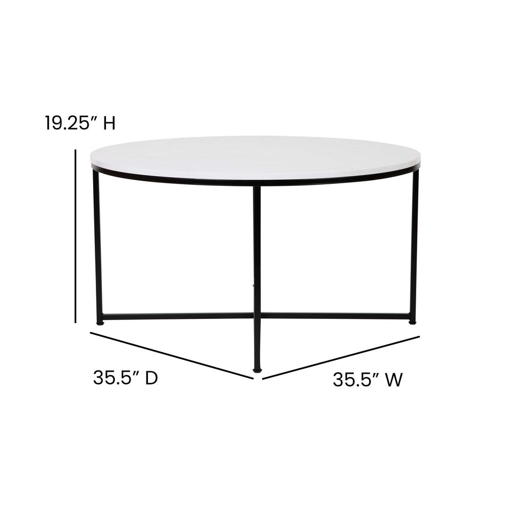 Coffee Table – White Marble Finish Accent Table with Matte Black Frame
