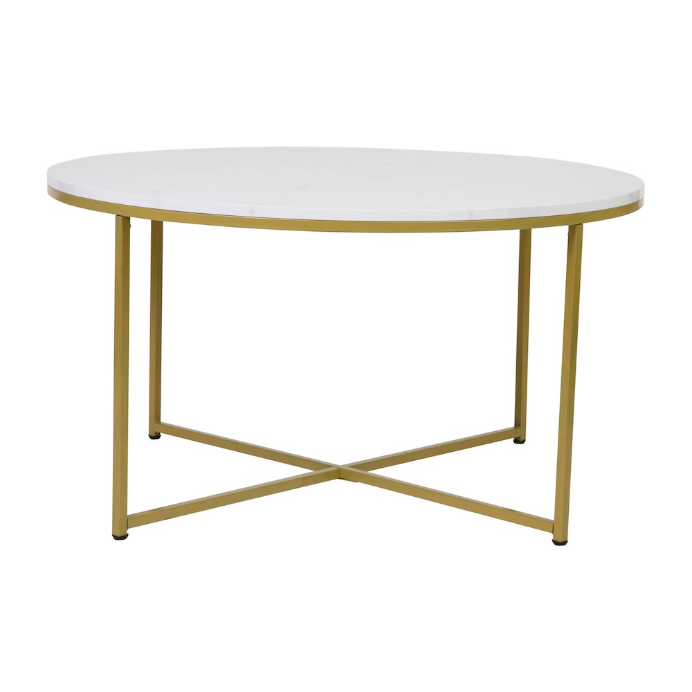 Coffee Table – White Marble Finish Accent Table with Brushed Gold Frame
