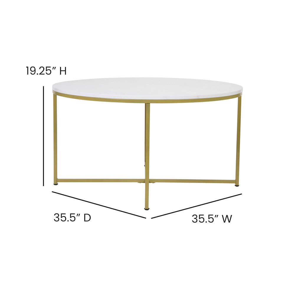 Coffee Table – White Marble Finish Accent Table with Brushed Gold Frame