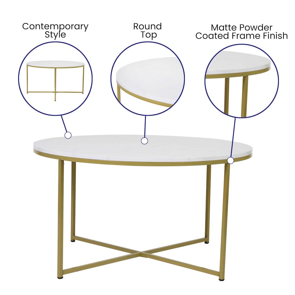 Coffee Table – White Marble Finish Accent Table with Brushed Gold Frame