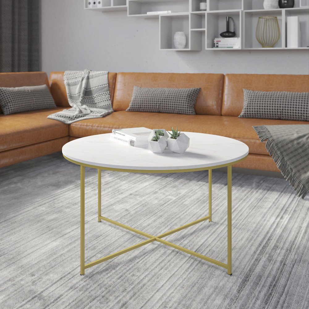 Coffee Table – White Marble Finish Accent Table with Brushed Gold Frame