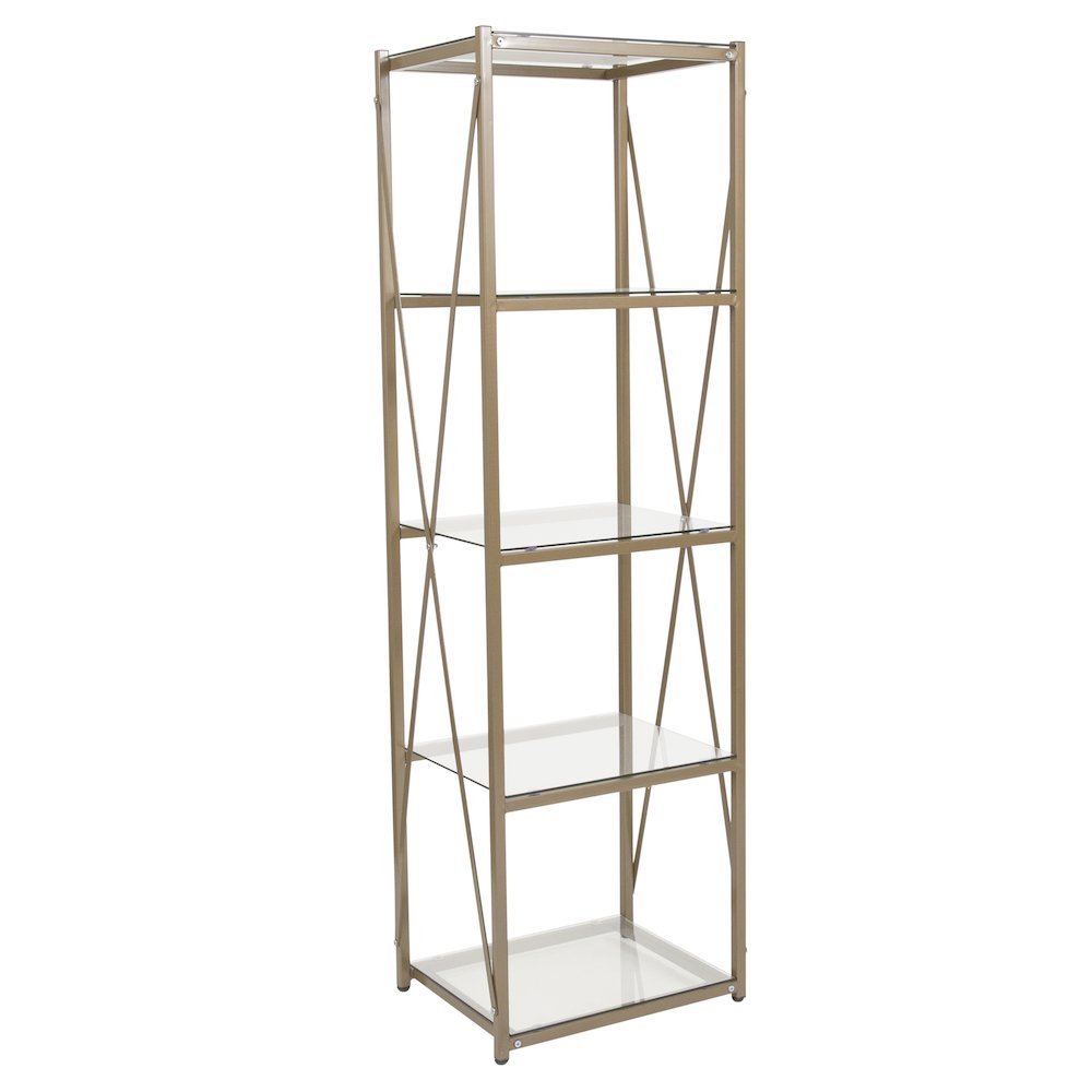 4 Shelf 64″H Cross Brace Glass Bookcase in Matte Gold