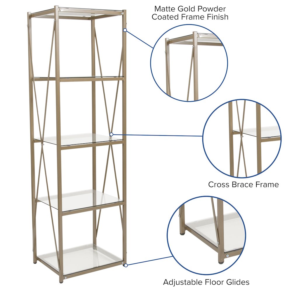 4 Shelf 64″H Cross Brace Glass Bookcase in Matte Gold