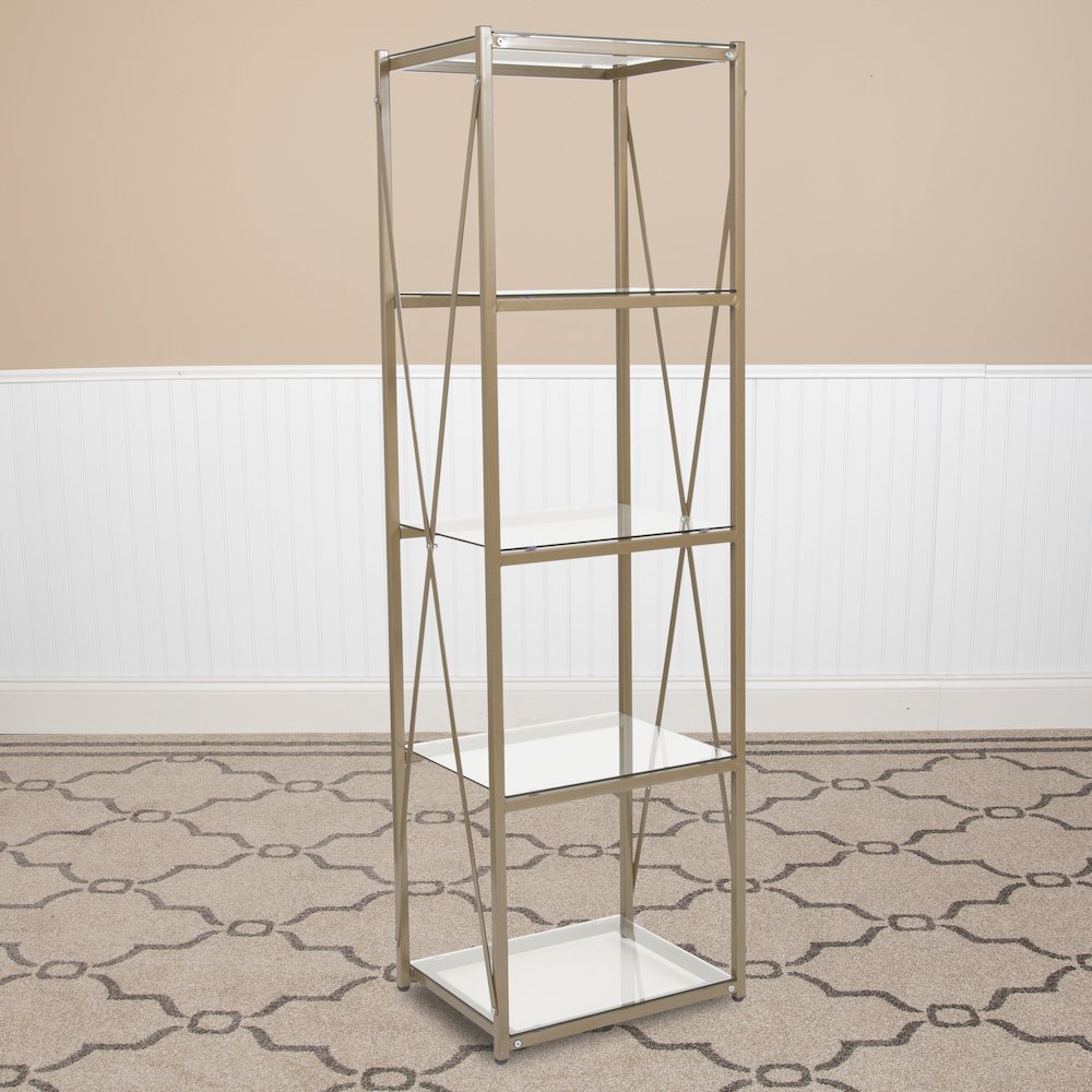 4 Shelf 64″H Cross Brace Glass Bookcase in Matte Gold