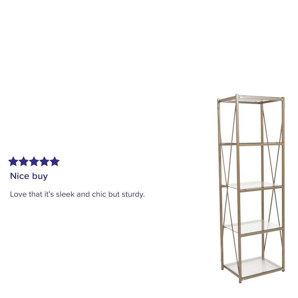 4 Shelf 64″H Cross Brace Glass Bookcase in Matte Gold