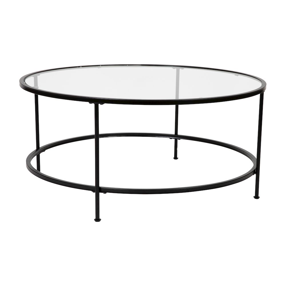 Round Coffee Table – Modern Clear Glass Coffee Table with Matte Black Frame