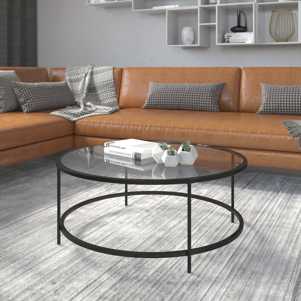 Round Coffee Table – Modern Clear Glass Coffee Table with Matte Black Frame