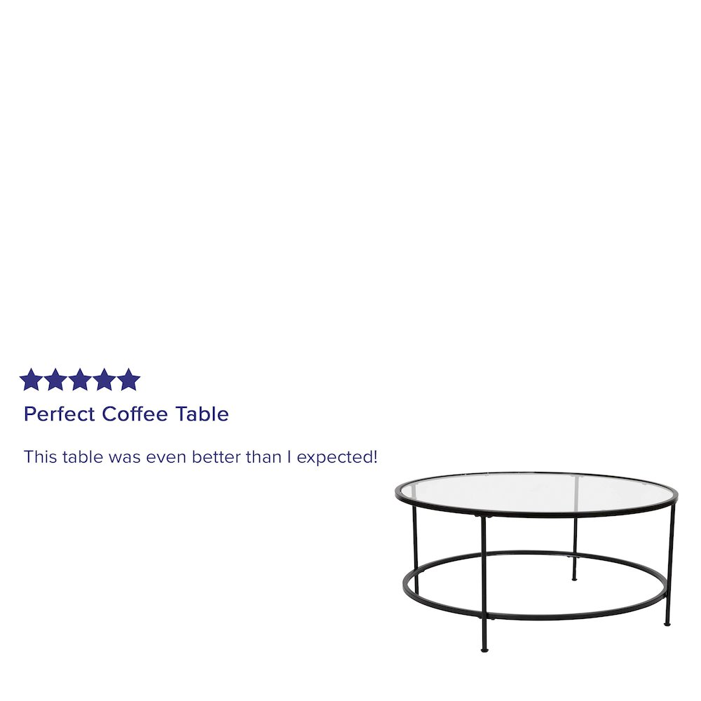 Round Coffee Table – Modern Clear Glass Coffee Table with Matte Black Frame