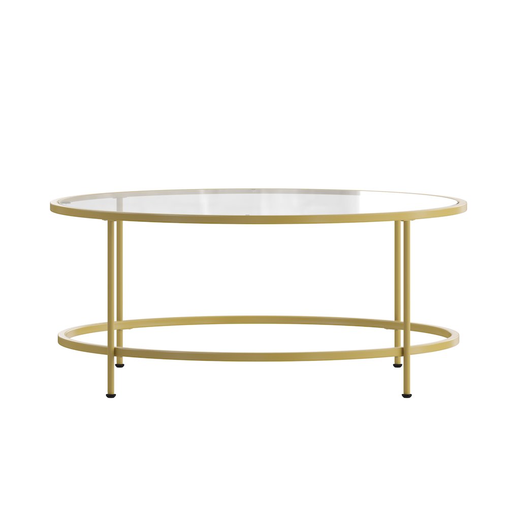 Round Coffee Table – Modern Clear Glass Coffee Table with Brushed Gold Frame